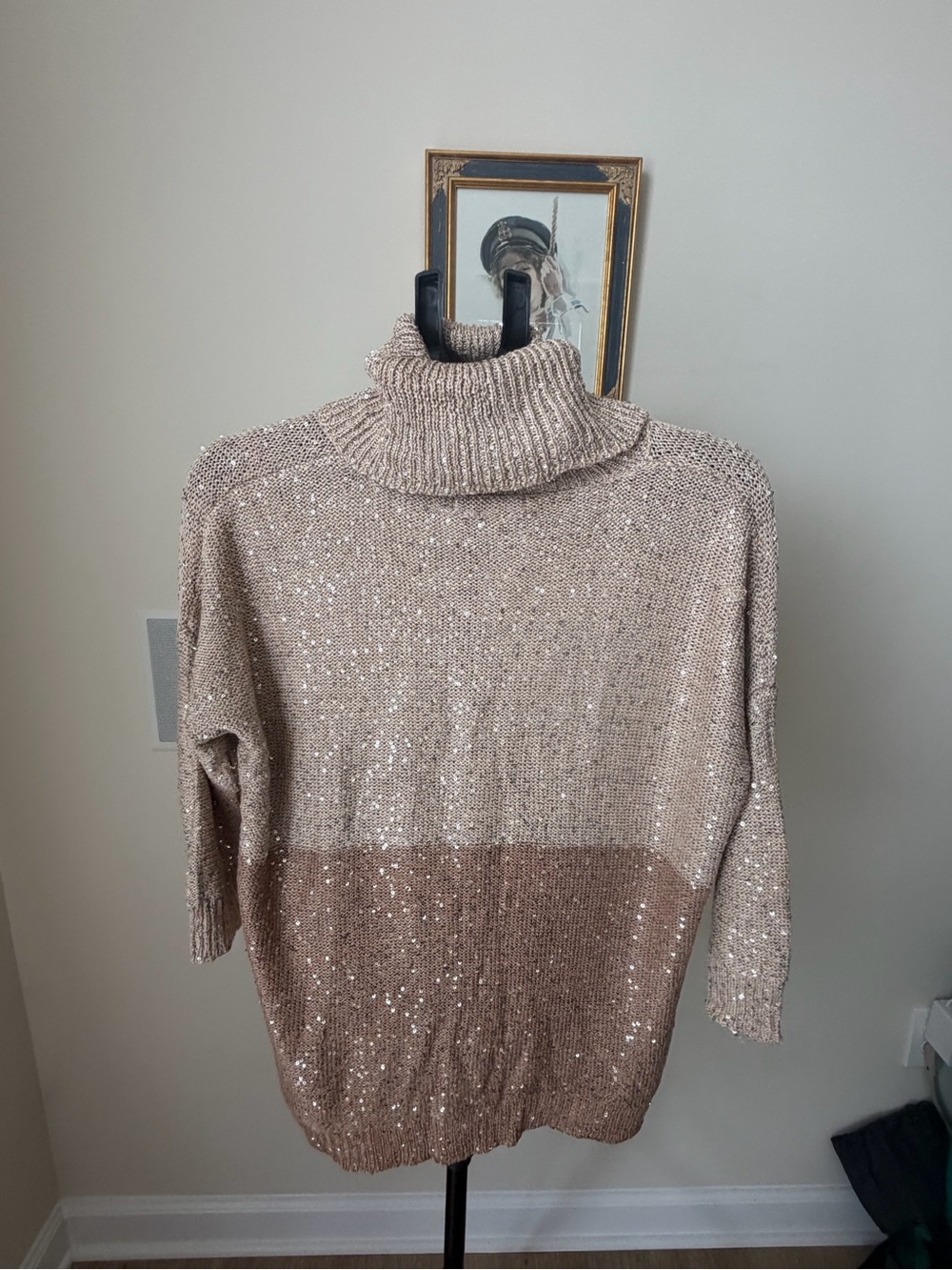 Belldini XL Sequin Turtleneck Sweater Tan Beige Colorblock 3/4 Sleeve Knit